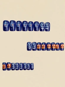 24pcs Stiker Kuku Motif Tengkorak Halloween, Kuku Palsu Persegi Gaya Y2K, Aksesoris Seni Kuku - Royal Blue - View 2