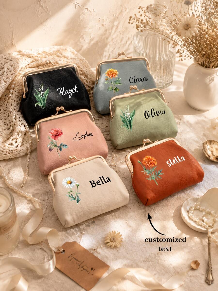 Personalized Multicolor Birth Flower Coin Purse, Custom Name Mini Wallet Pouch, Small Storage Bag Birthday Wedding Gift For Bride - Multicolor - View 1