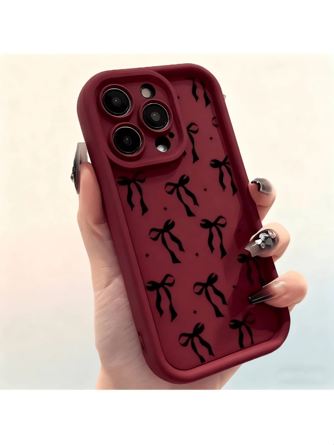 1pc Black Small Star Bow Cute Minimalist Bowknot Sweet Girl Fresh Style, Matte Black Lens Frame Stepped Design Full Coverage Anti-Drop Soft Shell, Compatible With Apple Phone Case - Burgundy - View 1