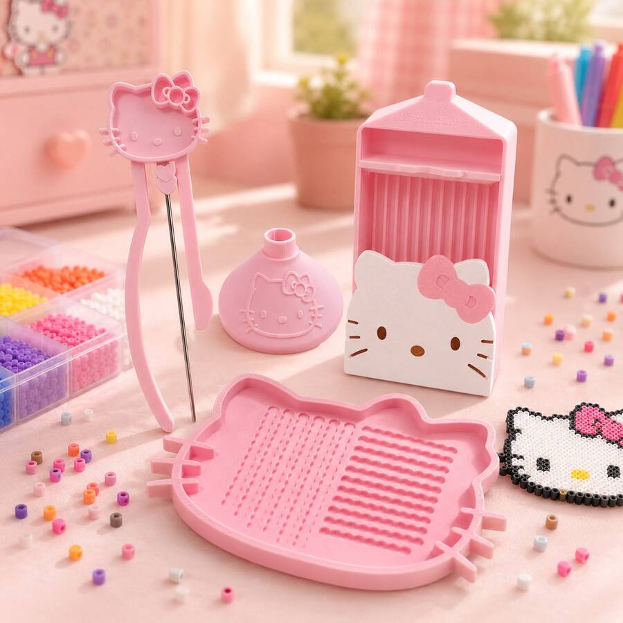 Set Alat Manik-Manik Perler Hello Kitty Sanrio 4 Buah, Baki Penyortir dengan Corong, Pinset, dan Kotak Penyimpanan, Pengatur Kerajinan Manik-Manik Perler, Dekorasi, Sempurna untuk DIY - Alat - View 1