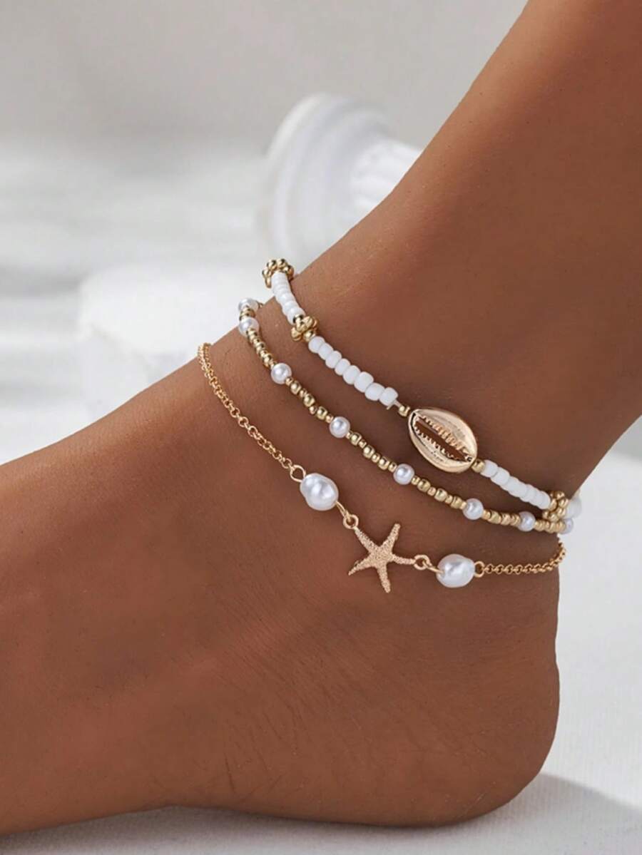 3件組夏季海灘風金屬海星與貝殼串珠腳鍊套裝,適合女性 - 金色 - 查看 1