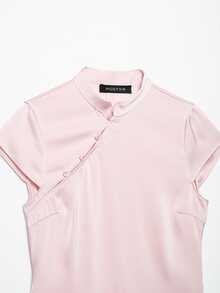 Mellowy Spring/Autumn New Women's European And American Style Fashion Minimalist Side Button Decor Satin Top Pink Summer - Pink - View 10