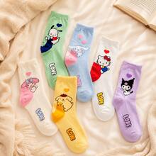 6雙 MINISO Sanrio 柔和色系角色中筒襪，柔軟棉混紡針織襪，日系可愛簡約日常風，復古糖果色小腿襪，舒適居家穿搭點綴，休閒運動鞋搭配配件 - 36-43 - 查看 2