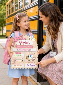 "First Day Of School" Sign, Includes Back To School & End Of Term Commemorative Board And Marker; Suitable For Preschool, Kindergarten Transition And Kindergarten, Reusable Wooden Blackboard, Easy To Write And Erase (With Bow Decoration), Can Fill In Name, Date, Age, Dream, Teacher Information, Growth Record Board, Back To School Season Kindergarten Enrollment Children Photo Prop, Family Commemorative Gift - Multicolor - View 3