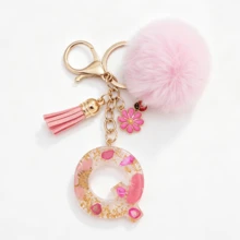 1pc Pink Glitter Letter Keychain (A-Z) - Dried Flower Shell Resin Letter Charm With Pop Pom Pom, Leather Tassel And Oil-Drip Daisy Beetle Accessory, Fashion Key Ring, Suitable For Bags/Cars, Cute Gift For Women And Mothers - Multicolor - View 17