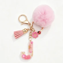 1pc Pink Glitter Letter Keychain (A-Z) - Dried Flower Shell Resin Letter Charm With Pop Pom Pom, Leather Tassel And Oil-Drip Daisy Beetle Accessory, Fashion Key Ring, Suitable For Bags/Cars, Cute Gift For Women And Mothers - Multicolor - View 36
