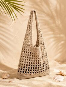ENBEI Hollow Crochet Bag, Summer Fashion Vacation Beach Bag, Elegant Floral Women's Bag, Crochet Bag, Women's Handbag, Lunch Bag, Shoulder Bag, Travel Essential, Suitable For Daily Casual, Vacation, Shopping And Matching Business Casual Outfits For Women, College Students, Mother's Day Gift, Wedding Bride Bridesmaid Gift, Most Popular Beach Bag - Khaki - View 3