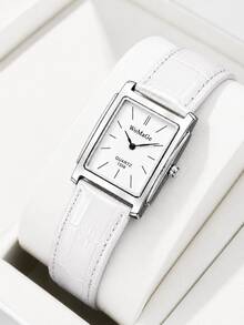 1 pieza Reloj de cuarzo con correa de cuero PU y esfera cuadrada para hombre, caja de acero inoxidable, reloj de moda empresarial para hombre, estilo casual de negocios diario, regalo de Navidad, regalo de aniversario para hombre - Blanco - Ver 5