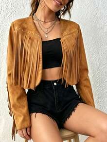 elfnokto Women's Solid Color Tassel Design Open Front Casual Versatile Daily Long Sleeve Jacket - Brown - View 5