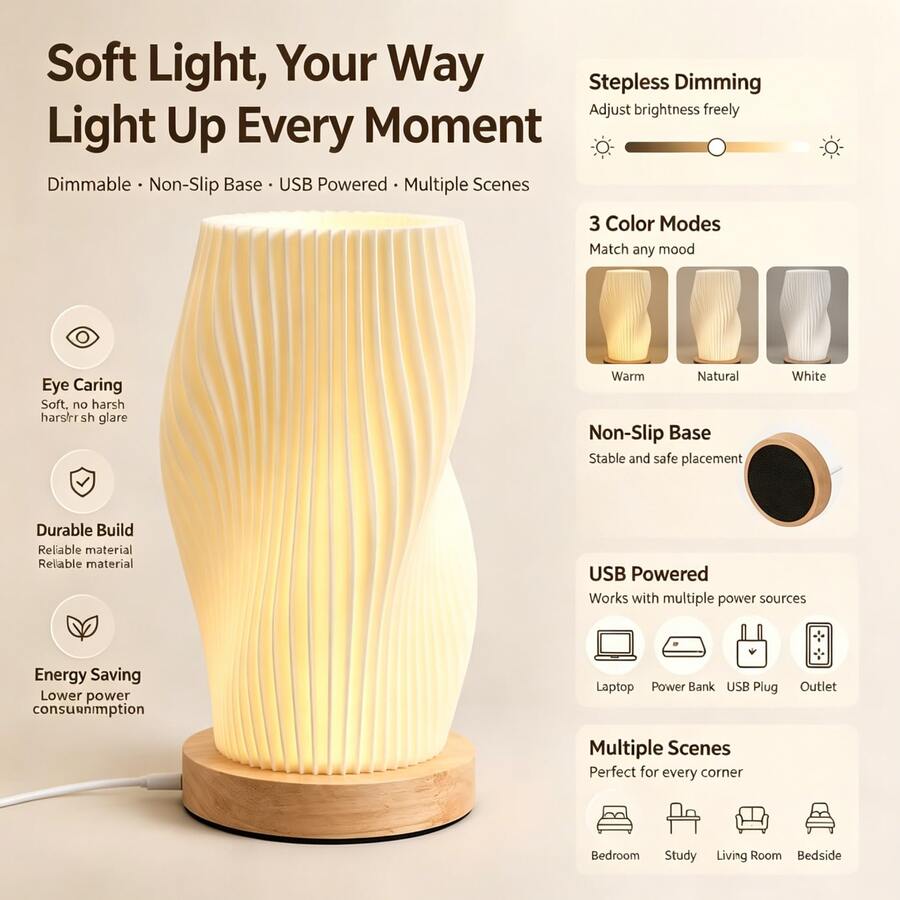 USB Powered LED Desk Lamp, Minimalist Modern Design, 3 Color Temperatures Dimmable, Soft Lighting, Button Switch, Suitable For Bedroom, Living Room, Desk Lighting