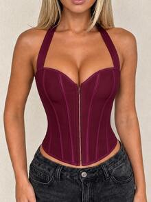 Apperloth A Atasan Crop Top Bustier Tanpa Punggung dengan Lubang Logam dan Tali di Bagian Depan, Gaya Rave Y2K, Pakaian Kasual Musim Panas untuk Klub Malam - Burgundy - View 1