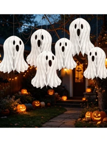 1 Set(2 Pcs) Halloween White Ghost Paper 3D Honeycomb Hanging Ornaments Halloween Night Hanging Decorations Living Room Garden Decor Spooky Cute Ghost Atmosphere Courtyard Arrangement Small Medium Size 2pcs Set Room Decor Home Decor Halloween Decor - Halloween Paper Ghost Figurines - View 1