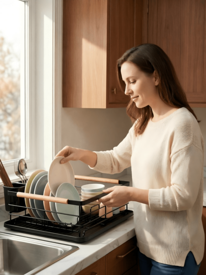 Iron Tableware Draining Rack With Anti-Slip Handles, Matching Knife Slots And Chopstick Holders, Equipped With A Water Drip Tray, Available In Black And White, Ventilated For Quick Drying To Neatly Store Kitchen Utensils