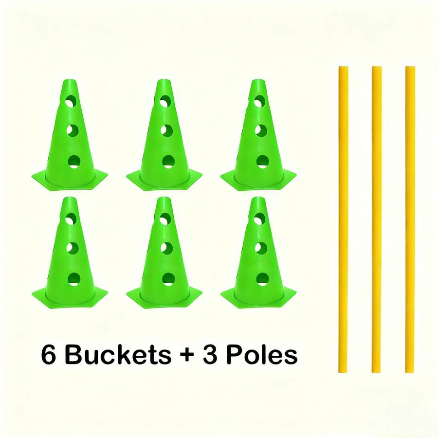 CENLEN 6 Hexagonal Training Cones With Holes, Each 23cm In Diameter, And 3 1-Meter Assembly-Ready Portable Training Poles. This Is A Dog Agility Training Set, Including A Perforated Obstacle Barrel Hurdle Frame And An Indoor/Outdoor Agility Training Kit. - Green - View 1