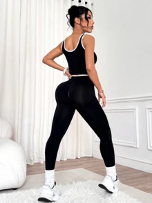 Leggings For Women, Cross Waist Shapewear Tummy Control Butt Lift, Padel Tennis Pickleball Yoga Gym Knit Casual, Black & White Halloween Costume Women - Black - View 2