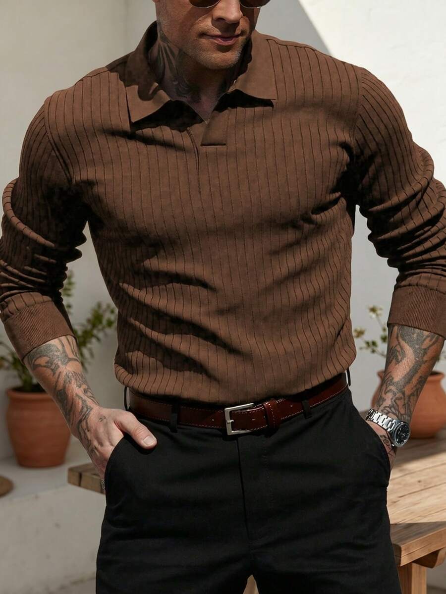 Camisa POLO de punto acanalado de manga larga, holgada y fina para hombres ALTZTAR, simple y de moda, adecuada para el uso diario en primavera y otoño - Café integral - Ver 1