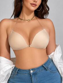 Invisible Push Up Adhesive Bra – Seamless Backless Strapless Bra, Clear Strap Front Closure, Breathable Lift Bra For Low Cut Tops - Apricot - View 6