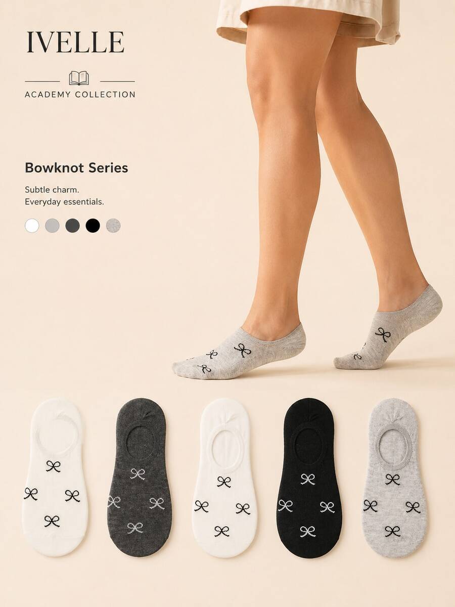 5 Pairs 5 Colors Random Women's Invisible Socks, Bowknot, Sports, Campus, Home, Fitness, Fashion , Soft Skin-Friendly, Comfortable, Breathable, College Style, Daily Versatile, Suitable For Daily Minimalist Commute Wear, Soft Skin-Friendly, Comfortable, Breathable, All-Day Comfort Women's Invisible Socks - Multicolor - View 1