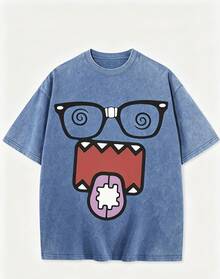 Epic Funny Dizzy Monster Print Washed Cotton T-Shirt, 220g Vintage Streetwear Loose Short Sleeve Tee, Aesthetic Casual Summer Top - 藍色 - 查看 13