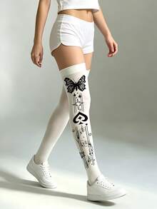 1 Pasang Kaos Kaki Panjang Selutut Motif Kupu-kupu dan Not Musik Ukuran Plus, Elastis, Seksi, Modis, dan Imut untuk Kencan Sehari-hari, Musim Semi, Musim Gugur, Perjalanan, dan Halloween - MultiWarna - View 4