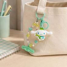 MINISO Sanrio Cinnamoroll 薄荷綠花朵串珠腕帶鑰匙圈，可愛角色迷你公仔包飾吊飾，附亮片珠飾手鍊、綠色夾扣掛鉤與角色吊牌，背包錢包配件，返校禮物 - 樣式 4 - 查看 3