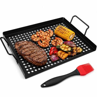 Nonstick Grill Basket For Outdoor Grill, 17 X 11.4 Inch BBQ Grilling Tray With Handles, Heavy Duty Grill Pan For Vegetables, Fish, Shrimp, Steak, Includes Silicone Basting Brush