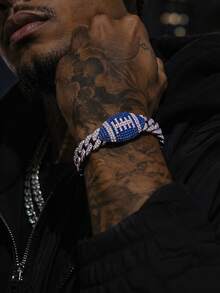 Men's Full Rhinestone Football Cuban Bracelet, Hip-Hop Colorful Rhinestone Thick Chain Bracelet, Sports Fan Party Accessory Gift, Gold And Silver Dual Color Options - Football Bracelet - View 6