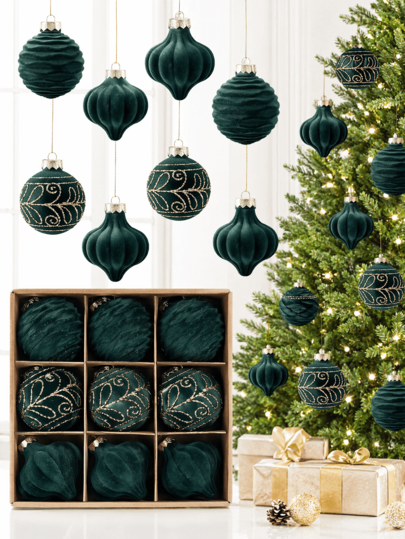 9pcs/Set Green Christmas Flocked Balls, Flocked Christmas Decorations, Handmade Flocked Balls, Christmas Tree Decorations, Christmas Tree Balls, Suitable For Weddings, Anniversaries, Winter Decor, New Year And Christmas Tree Decorations
