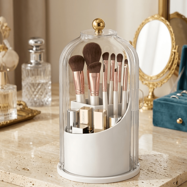 BEEADCHIHK Rotating Makeup Brush Organizer With Lid, 360 Degree Clear Cosmetic Brush Holder, Dustproof Waterproof Storage Box With Front Opening Compartments For Vanity Table, White