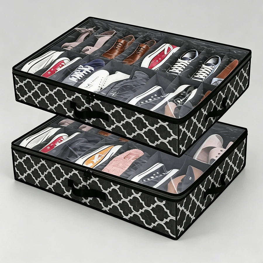 Sturdy Under Bed Shoe Storage Organizer, Set Of 1/2, Fits 12/24 Pairs Total, Breathable Underbed Closet Storage Solution With Clear Window, Space-Saving Under-Bed Storage For Home Bedroom Dorm Closet, 29.3" X 23.6" X 5.9"