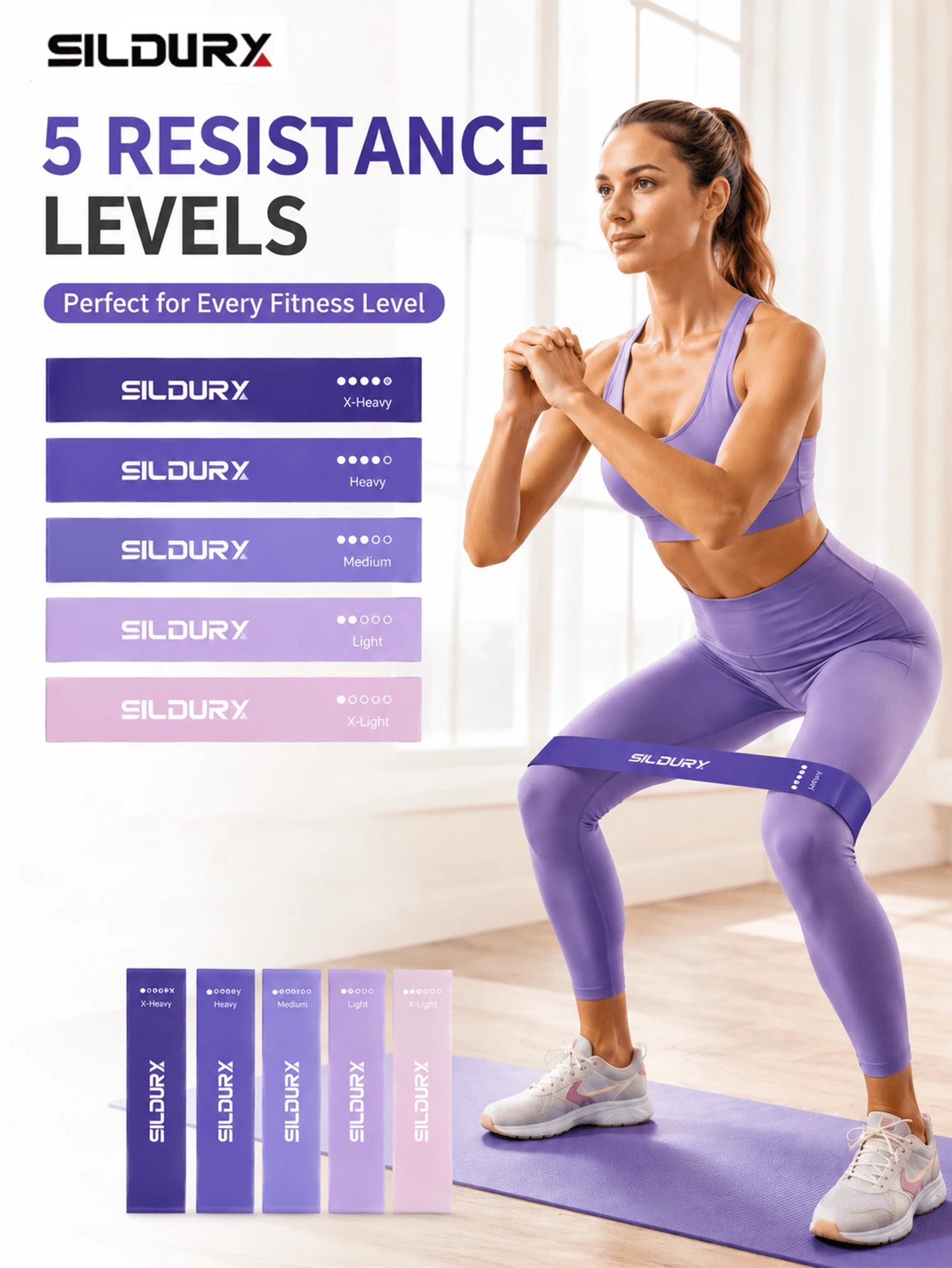 Slidurx Pita Resistensi Kaki, 5 buah Pita Latihan Elastis untuk Latihan Kekuatan dan Peregangan, Peralatan Kebugaran Rumahan Cocok untuk Pilates, Yoga dan Relaksasi Tubuh, Set Latihan Kaki, Pinggul dan Lengan Unisex