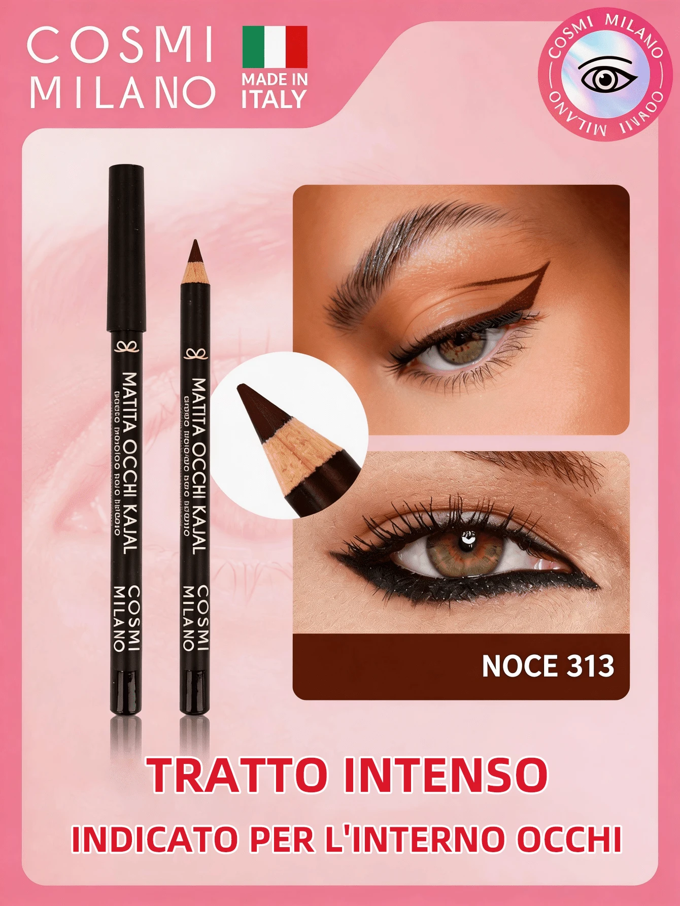 COSMI MILANO Multicolored Kajal Eye Pencil  Made In Italy, Creamy Smooth Texture, High Pigmentation, Suitable For Y2k Contouring Natural And Dramatic Effect, Must-Have Essential Make Up Makeup Unmissable Summer Makeup, Perfect For Parties, Meetings, Beach Travel - 胡桃木 313 - 查看 1