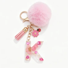 1pc Pink Glitter Letter Keychain (A-Z) - Dried Flower Shell Resin Letter Charm With Pop Pom Pom, Leather Tassel And Oil-Drip Daisy Beetle Accessory, Fashion Key Ring, Suitable For Bags/Cars, Cute Gift For Women And Mothers - Multicolor - View 27