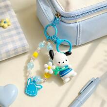 MINISO Sanrio Pochacco 藍色花朵串珠腕帶鑰匙圈，可愛角色迷你公仔包飾吊飾，附亮片珠飾手鍊、藍色夾扣鉤與角色吊牌，背包手提包配件，開學季禮物 - 樣式 2 - 查看 5