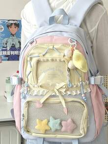 對比色星星裝飾大容量背包，適合旅行、外出、購物、度假，日系風格，開學季適用（珠飾顏色隨機） - 藍色 - 查看 3