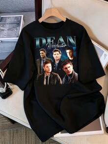 Vintage Dean Winchester Grafik-T-Shirt in blauem Farbverlauf, Bootleg-Stil, für Damen und Herren, Retro, Horror-TV-Serie, Y2K, Meme, Kurzarm - Schwarz - Übersicht 1