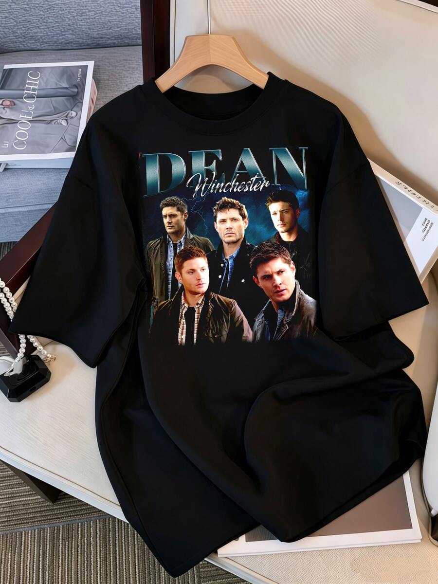 Vintage Dean Winchester Grafik-T-Shirt in blauem Farbverlauf, Bootleg-Stil, für Damen und Herren, Retro, Horror-TV-Serie, Y2K, Meme, Kurzarm - Schwarz - Übersicht 1