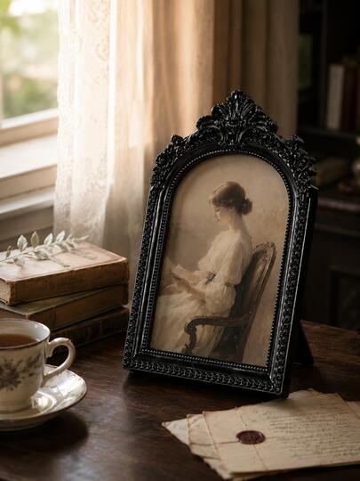 1pc Vintage Golden Arch Lace Carved Photo Frame, Bohemian Style, Lightweight Resin, Vertical Orientation For Wall Gallery Or Desktop Display, Home Decor