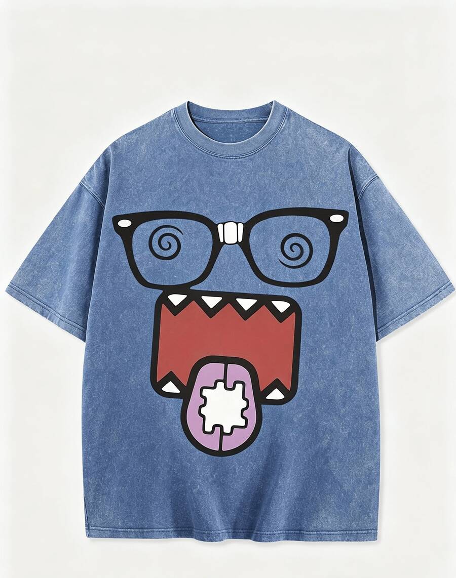 Epic Funny Dizzy Monster Print Washed Cotton T-Shirt, 220g Vintage Streetwear Loose Short Sleeve Tee, Aesthetic Casual Summer Top - 藍色 - 查看 1