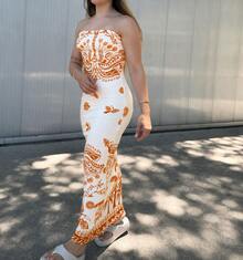 Women's Strapless Midi Dress Tropical Summer - trái cam - Xem 1