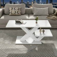 White Rectangular Coffee Table, Double Tabletop, Glossy Finish, Side Table, Sofa Table, Living Room Table Made Of MDF, Geometric X-Shaped Legs, Load Capacity Up To 10 Kg, 100x48x45cm - White - View 2