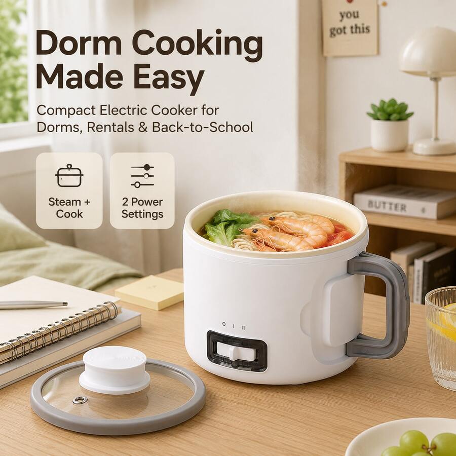 OCTAVO 1L Mini Electric Hot Pot With Steamer, 450W-500W Portable Electric Cooker, 2 Heat Settings, Compact Cooking Pot For Dorm Room, Rental Apartment, Ramen, Soup & Back-To-School Meals - US B Type Plug(110-127V) - View 1