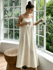 2026 Nouvelle robe d'été longue minimaliste à rayures en lin pour femmes, robe ample sans manches à col carré avec poches latérales et bretelles, robe d'été élégante - Nude - Voir 9