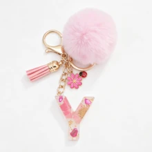 1pc Pink Glitter Letter Keychain (A-Z) - Dried Flower Shell Resin Letter Charm With Pop Pom Pom, Leather Tassel And Oil-Drip Daisy Beetle Accessory, Fashion Key Ring, Suitable For Bags/Cars, Cute Gift For Women And Mothers - Multicolor - View 31