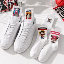 5雙 Miniso One Piece 動漫白色棉質中筒襪，透氣柔軟針織街頭風襪子，日漫海盜圖案休閒筒襪，日常運動鞋搭配配件，輕量四季舒適 - 36-43 - 查看 4