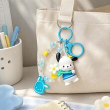 MINISO Sanrio Pochacco 藍色花朵串珠腕帶鑰匙圈，可愛角色迷你公仔包飾吊飾，附亮片珠飾手鍊、藍色夾扣鉤與角色吊牌，背包手提包配件，開學季禮物 - 樣式 2 - 查看 2