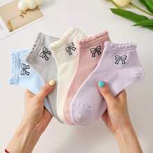 5 Pasang Kaos Kaki Pendek Wanita Warna Macaron Polos Bergaris, Bordir Pita Kecil, Manset Berkerut, Kaos Kaki Pendek Lembut, Manis, Kasual, Serbaguna untuk Sehari-hari (Satu Ukuran EU 35–43) - MultiWarna - View 7