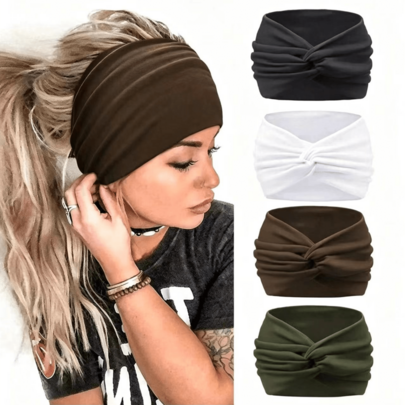 4pcs Women's Wide Elastic Bohemian Knotted Yoga Fitness Headbands, Non-Slip Minimalist Solid Color Hair Accessories For Summer
