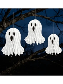 1 Set(2 Pcs) Halloween White Ghost Paper 3D Honeycomb Hanging Ornaments Halloween Night Hanging Decorations Living Room Garden Decor Spooky Cute Ghost Atmosphere Courtyard Arrangement Small Medium Size 2pcs Set Room Decor Home Decor Halloween Decor - Halloween Paper Ghost Figurines - View 6