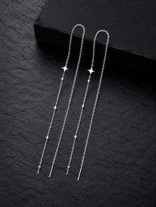 GLIMMER GI 1 Pair Women's S925 Sterling Silver Low-Allergy Four-Pointed Star Long Ear Thread Earrings, Elegant Versatile Minimalist New Style For Ear Piercing, Suitable For Daily Wear/Vacation/Valentine's Day/Birthday/Mother's Day Gift [Gift Box Included] - Silver - View 4